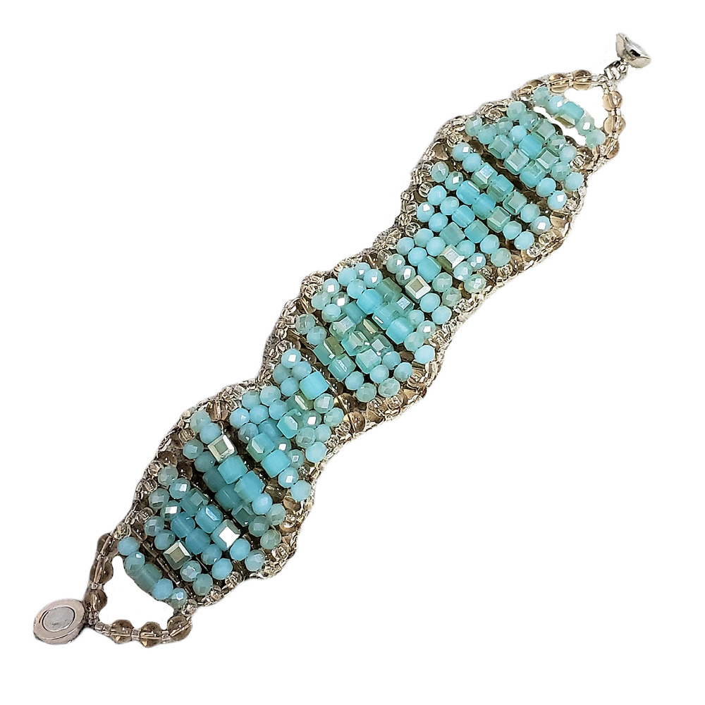 Handmade Turquoise Blue and Tan Sand Stripe Crystal Statement Bracelet